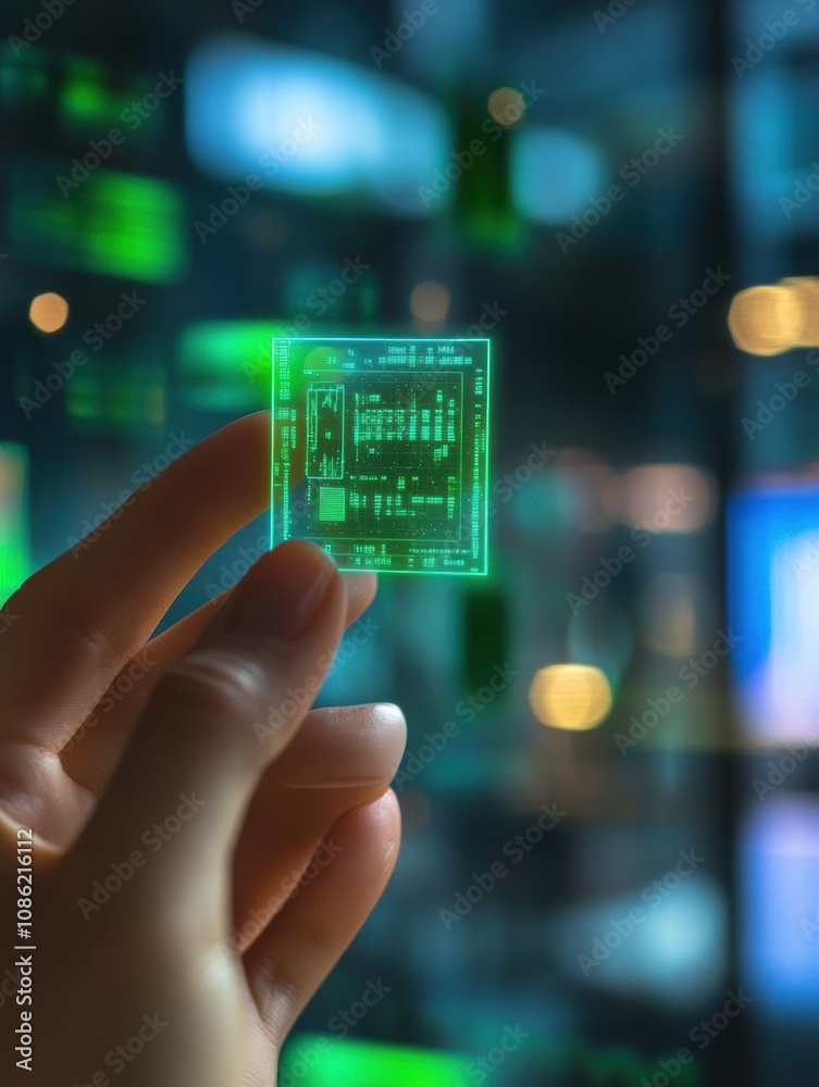 Poster a hand grips a micro biochip displaying holographic health data, showcasing advanced technology in h