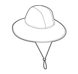 Garden Bucket Hat with Cord Stopper. Summer Head Fashion accessory cap with wide brim clothing technical illustration. Vector headgear for Men, women, unisex, flat template CAD mockup sketch outline