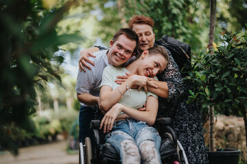 A heartwarming scene of a boy with Down syndrome, a girl in a wheelchair, and an elderly woman...