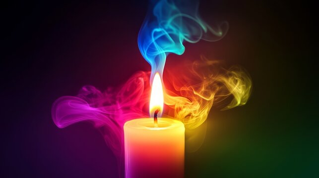 A single lit candle with colorful smoke rising from it. - Powered by Adobe