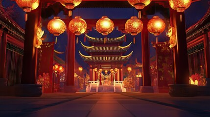 Obraz premium Traditional chinese lanterns illuminating an ornate temple entrance at night celebrating chinese new year