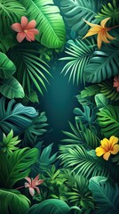 green background and tropical leaves on the edges, tropical zone