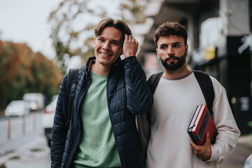 Two young male students engage in a friendly discussion while strolling on a university campus. They carry backpacks and books, enjoying a casual outdoor conversation in a relaxed setting.