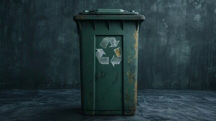 A weathered green recycling bin stands alone on a dark textured surface, featuring a faded recycling symbol. The background hints at an urban environment, adding depth to the scene.