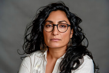 Obraz premium A woman with curly, long hair and glasses displays a serene expression. She wears a light-colored shirt and earrings, exuding confidence against a neutral background.