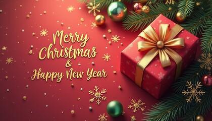 A beautifully wrapped red gift box adorned with a golden bow sits amidst a backdrop of shimmering ornaments and lush evergreen branches, radiating holiday spirit. The elegant script reading "Merry