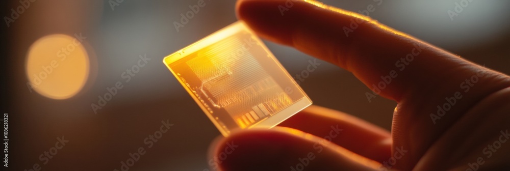 Poster A hand is showcasing a micro biochip displaying holographic health metrics, highlighting advancements in medical technology. Generative AI