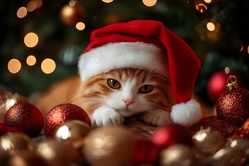 Obraz premium Cute Cat in Santa Hat with Christmas Ornaments