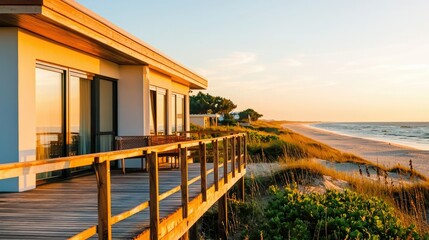Obraz premium A serene beach house at sunset, featuring a wooden deck overlooking the sandy shoreline and gentle waves.