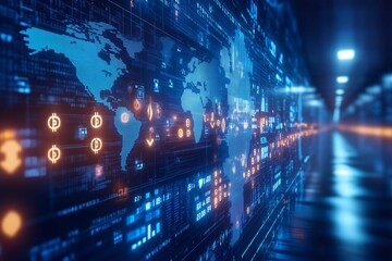 Obraz premium futuristic digital landscape featuring multiple Bitcoin symbols floating along a high-tech pathway, with a glowing map of the world in the background. 