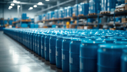 Obraz premium Rows of blue industrial drums in a spacious warehouse emphasize organization, logistics, and inventory management.