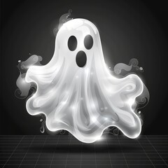 A playful ghost glides through a dark background, surrounded by wispy clouds. The ghost has a shiny, translucent appearance, with wide eyes giving it a friendly look.
