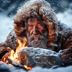 An elderly man with a long beard is sitting beside a crackling fire in a snowy environment. He is wrapped in a thick fur coat, looking intently at the flames while snowflakes fall around him.