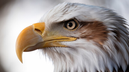 Obraz premium Close-up of a majestic Bald Eagle showcasing its sharp beak and intense gaze, highlighting the intricate details of its feathers.