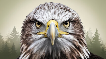 Fototapeta premium A majestic adult eagle gazes directly at the viewer, showcasing its piercing yellow eyes and intricate feather details against a softly blurred forest background.