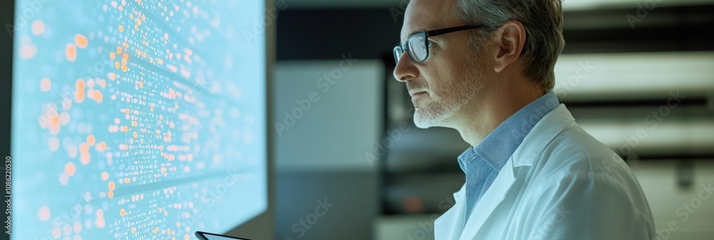 Poster A doctor wearing a white coat studies complex data displayed on a large digital screen, focusing intently during a research session. Generative AI