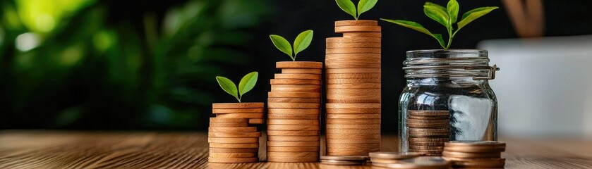 A close-up of stacked coins with small plants growing from them, symbolizing financial growth and sustainability.