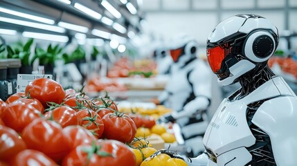 A futuristic scene depicting robots harvesting ripe tomatoes in a high-tech agricultural facility.