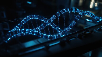 The delicate double helix of DNA glows blue under dim laboratory lights, showcasing its complex structure during a research experiment. Generative AI