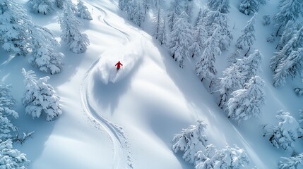 Aerial view of a lone skier carving fresh tracks through untouched snow in a serene winter forest landscape