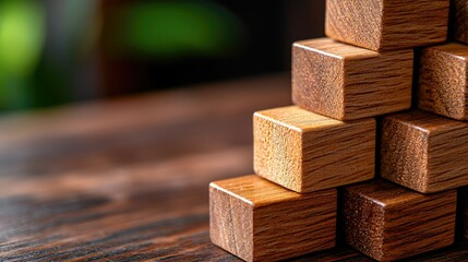 A close-up view of wooden blocks arranged in a pyramid shape, showcasing their rich texture and warm colors against a blurred background.