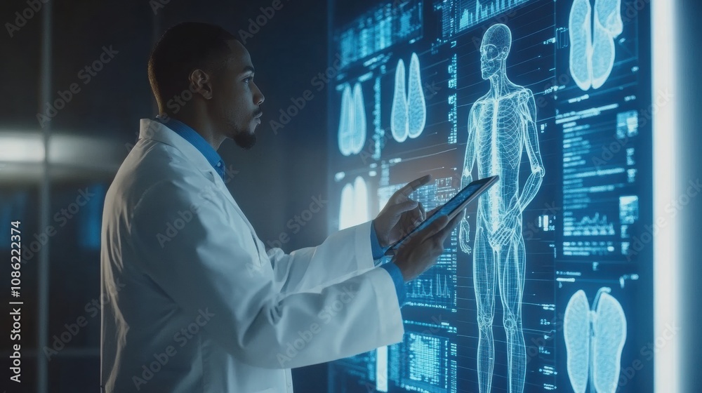 Poster a doctor in a white coat is studying detailed medical visuals on a large touchscreen display in a we