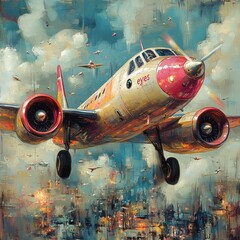 A vibrant, stylized painting of a vintage airplane soaring through a colorful sky.