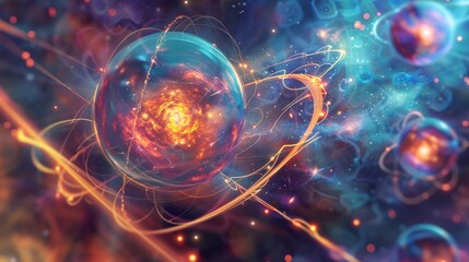 Intricate illustration of protons and neutrons within an atomic nucleus surrounded by electrons