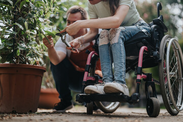 A male with Down syndrome and a female in a wheelchair enjoy gardening together. This image...