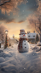 Snowman standing on a winter path during sunset in a village