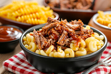 Delicious BBQ Pulled Pork with Mac and Cheese on a Rustic Brown Plate