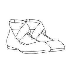 Women's Pull-On Criss-Cross Ankle Ballet Flats Shoes  Line art, Technical sketch hand drawing outline vector doodle side isometric view isolated on white background