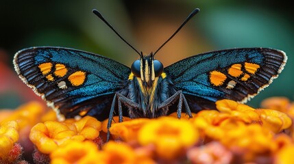 a vibrant Amazonian Butterfly with radiant blue wings, its delicate black edges sharply contrasting against the bright colors. each scale on the butterflys wings and its thin antennae are detailed