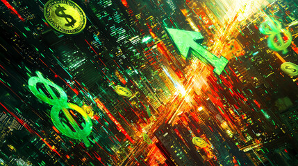 Dynamic abstract representation of green arrows and dollar symbols symbolizing economic growth and financial trends