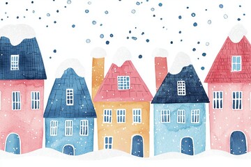 Colorful houses in a winter setting with falling snowflakes. white background