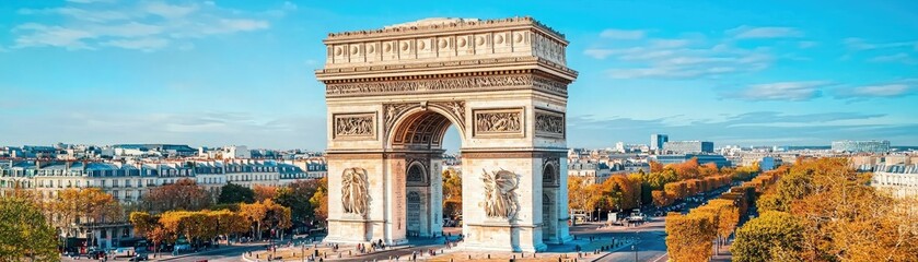 Obraz premium A majestic view of the Arc de Triomphe in Paris, surrounded by vibrant autumn foliage and a clear blue sky, highlighting the iconic architecture.