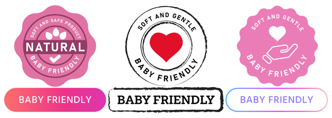 Baby friendly product safe gentle soft food clothes skin guarantee tested package stamp colorful badge emblem sticker label design icon collection