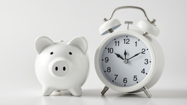 white piggy bank and classic alarm clock symbolize saving and time management. This conveys importance of financial planning and punctuality