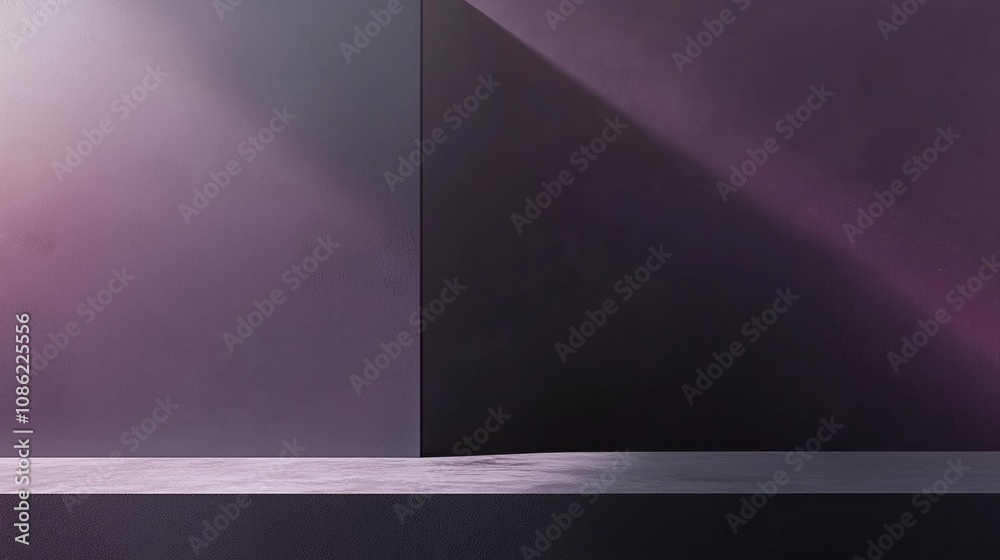 Poster sleek and minimalist background featuring a gradient transition from deep purple to soft gray with s