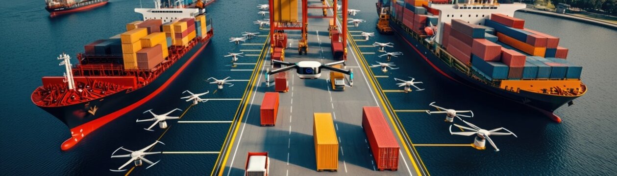 A vibrant port scene featuring cargo ships and drones efficiently managing container transportation on the bustling waterfront.