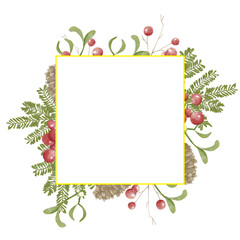 Christmas Template for Text, White Square with Gold Border, Fir Branches and Cones, Red Berries and Mistletoe Sprigs, Watercolor Copy Space Illustration for Print and Web