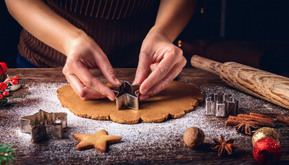 Hand preparing Christmas cookies at home