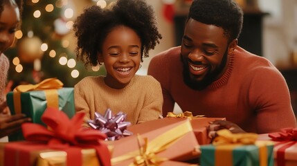 Black-haired woman celebrates Christmas. Cozy Christmas scene with family, father and children unwrapping presents by the tree.
