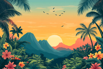 Tropical Sunset Landscape With Lush Vegetation And Mountains