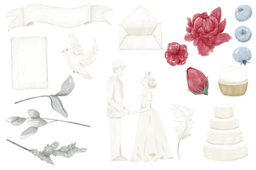 Watercolor Wedding Clipart Collection with Bride, Groom, Dove, Wedding Four-Tier Cake, Dove, Blueberries, Flowers and Plant Branches, for Print and Web Designs