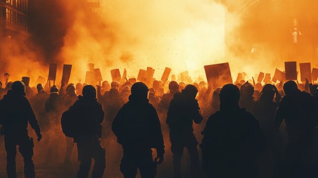 Silhouette of protests on the street with rioting people