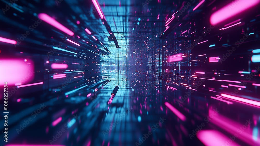 Poster dynamic futuristic scene with gradient transitioning lights creating a glowing effect in a high-tech