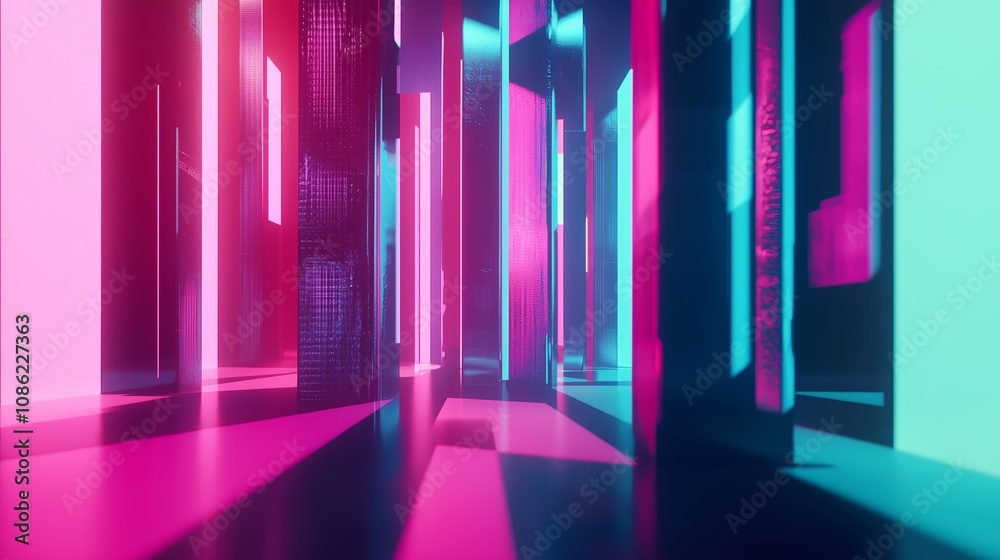 Poster abstract futuristic environment with gradient neon lights transitioning through vertical structures 