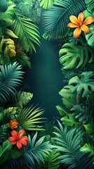 green background and tropical leaves on the edges, tropical zone