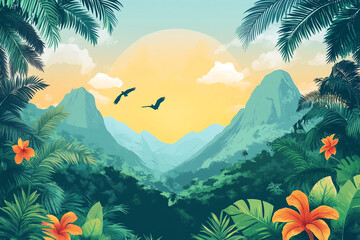 Tropical Paradise Scenic Vista With Birds Flying Over Mountains